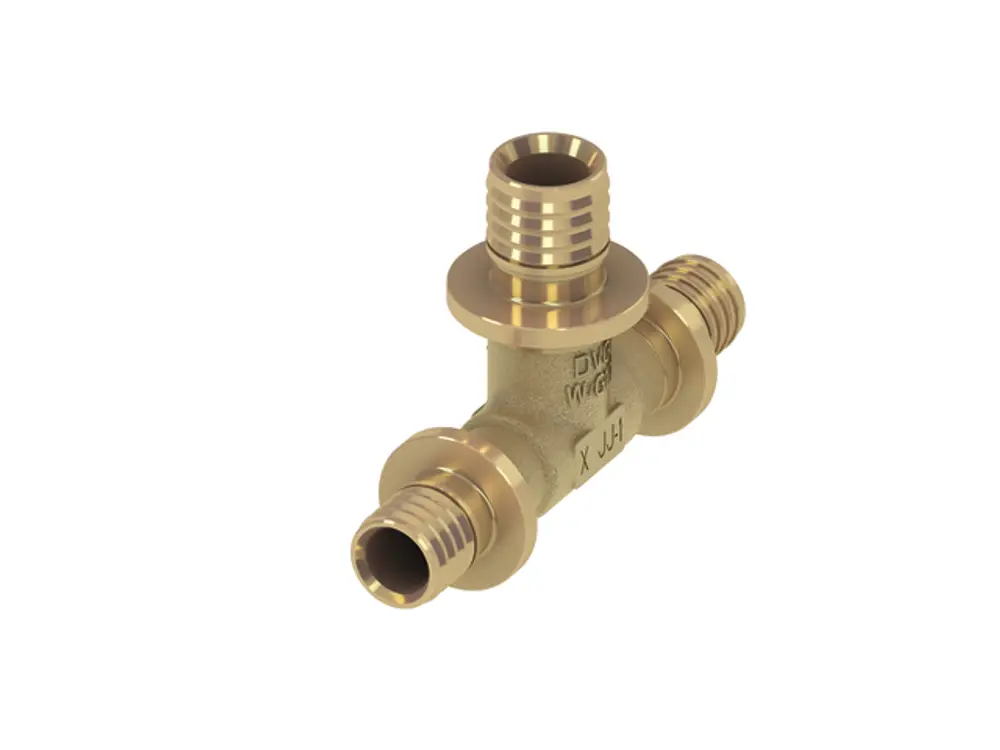 TECE-Fitting in T-Form aus Siliziumbronze mit drei Anschlüssen, zwei gleichmäßigen seitlichen und einem oberen Anschluss, für Rohrsysteme geeignet.